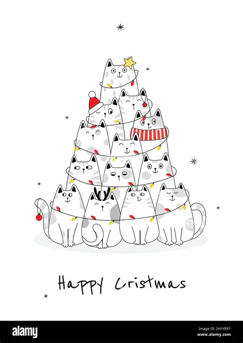 Christmas Tree With Cats Doodle Cartoon Style Stock Vector Image And Art