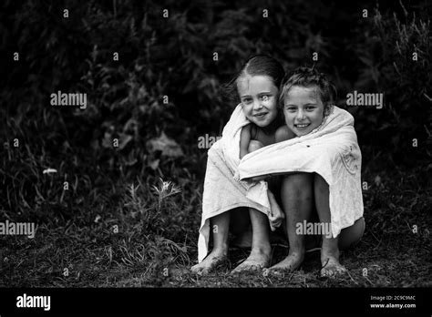 Two Naughty Little Girls After Bathe In The Lake Black And White Photo