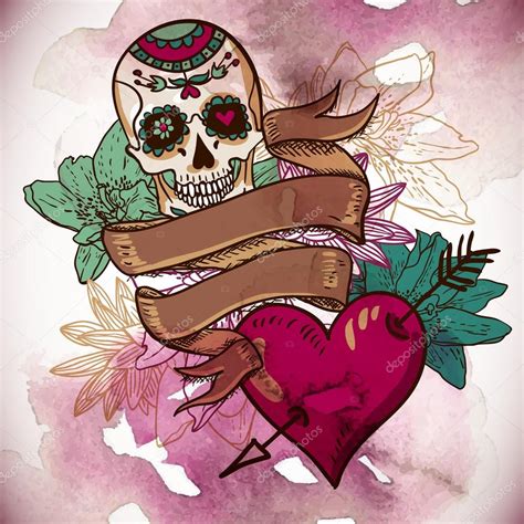 Skull Hearts And Flowers Vector Illustration Stock Vector Image By