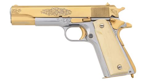 Engraved Gold Plated Colt 1911a1 Semi Automatic Pistol Rock Island