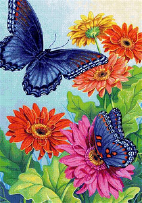 Предпросмотр схемы вышивки «бабочки на цветах» - Вышивка крестом