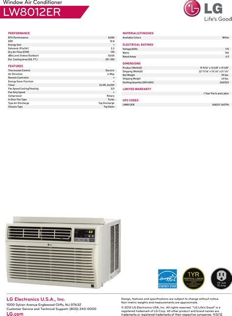 Lg Lw Er User Manual Specification Air Conditioner Spec Sheet