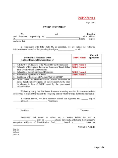 Nspo Form 1 Sworn Statement Pdf Affidavit Notary Public