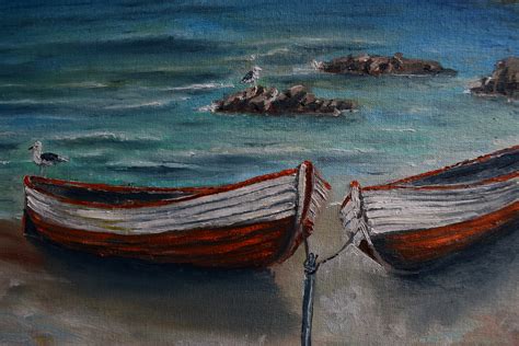 Boats On The Shore Of The Ocean Original Oil Painting Etsy