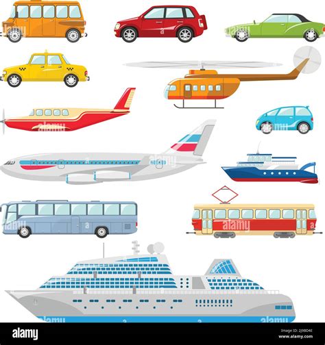 Transport Icons Flat Set With Taxi Bus Helicopter Tram Ship Isolated