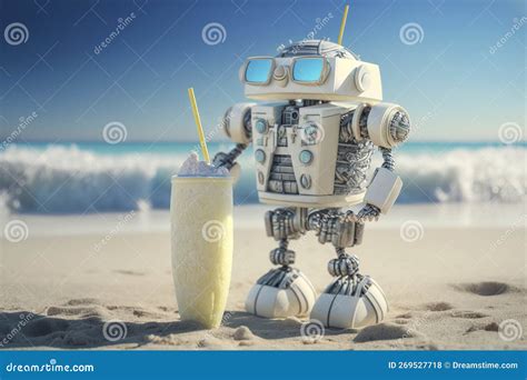 a robot in sunglasses is resting on the coast of the ocean generative ai art stock illustration