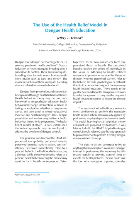 The Use Of The Health Belief Model In Dengue Health Education