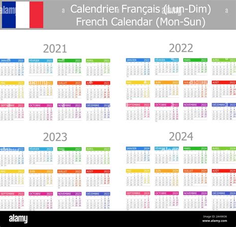 2021 2024 French Type 1 Calendar Mon Sun On White Background Stock