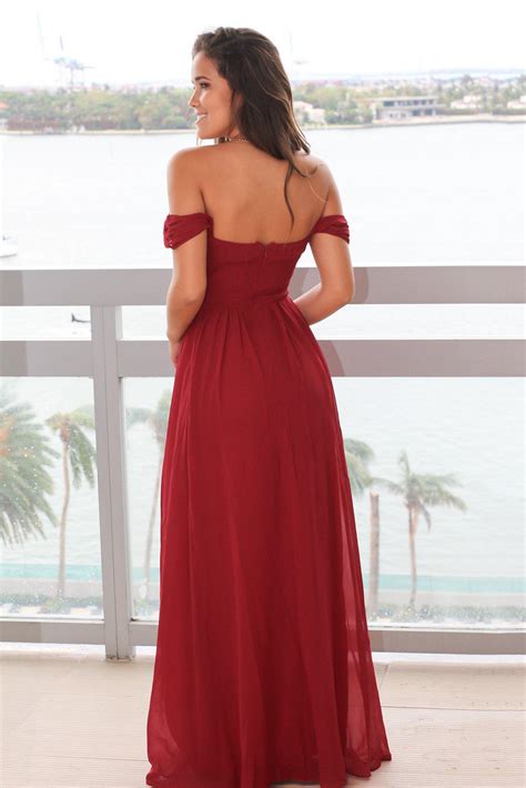 Burgundy Off Shoulder Maxi Dress With Pleated Top Maxi Dresses Saved By The Dress