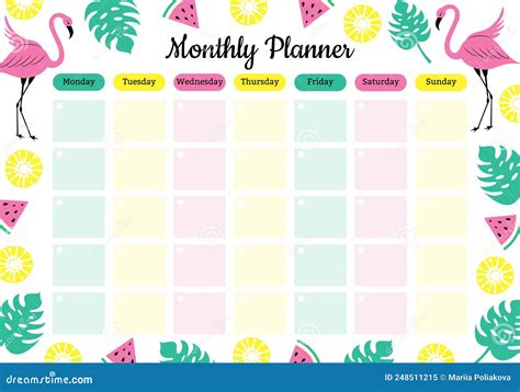 Monthly Planner For Summer With Flamingos Tropical Leaves And Fruits Stock Vector