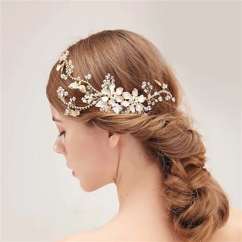 women gorgeous golden crystal rhinestones pearls flower leaf wedding jewelry hair comb bridal