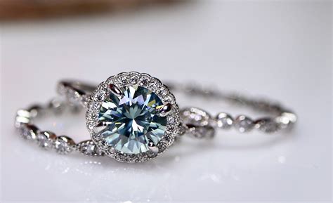 Blue Moissanite Halo Wedding Ring Silver Moissanite Ring 925