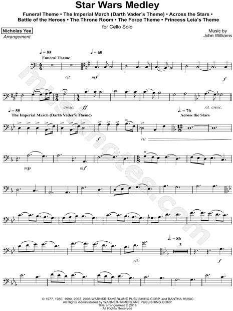 Nicholas Yee Star Wars Medley Sheet Music Cello Solo