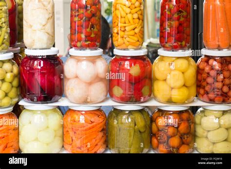 Jars Of Pickles And Preserved Vegetables For Sale Stock Photo Alamy