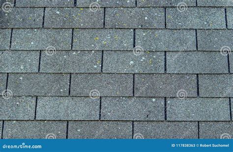 Aging Roofing Shingles With Lichens Growing On Them Stock Image