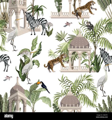 Seamless Pattern With Ancient Arbor And Wild Animals In The Jungle