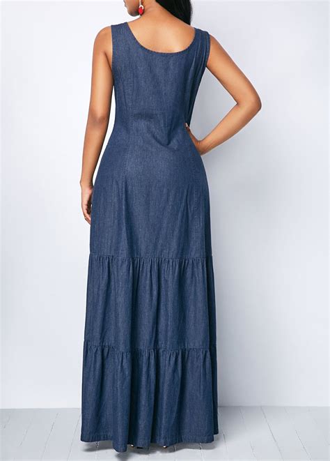 Sleeveless Button Front Denim Blue Maxi Dress Usd 3879 Мода