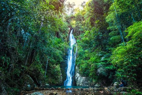 Waterfall In The Tropical Rainforest Landscape Stock Photo
