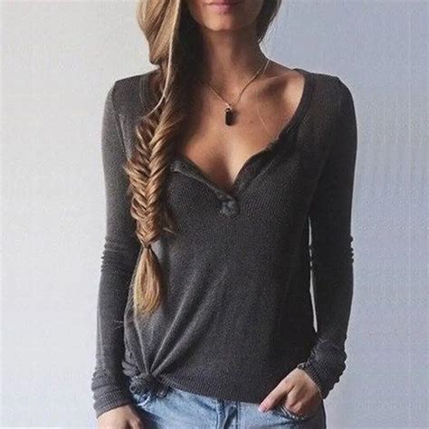 2017 Sex Sweater Women Dark Gray Ribbed V Neck Long Sleeved Sweater