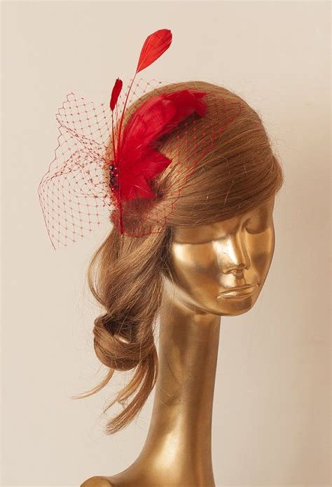red birdcage veil fascinator with feathers by ancoraboutique 90 00 beautiful hats