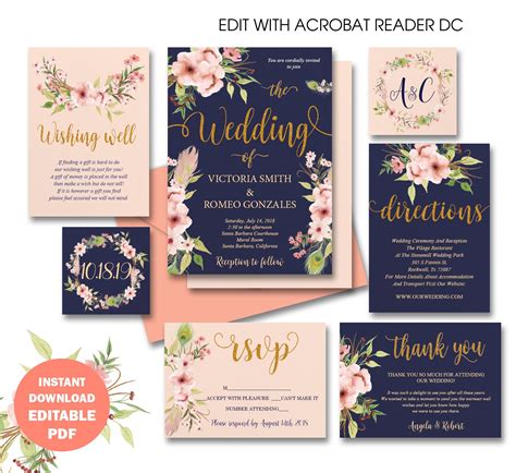 editable-digital-wedding-set-pink-blush,-navy-and-gold-invitation-set,-digital-printable-pack