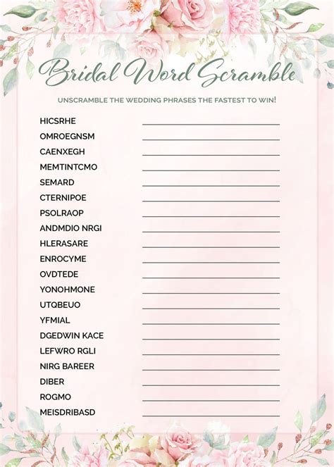 Bridal Word Scramble Pink Floral Bridal Shower Games Celebrate Life