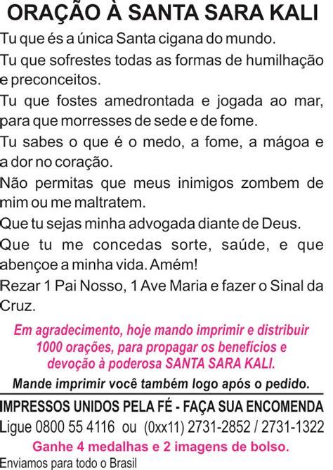 Ela foi canonizada em 1712 e a oração de santa sara kali é considerada muito poderosa, principalmente para aqueles que estão. Santa Sara Kali - 1000 unidades - Santinhos Unidos pela Fé