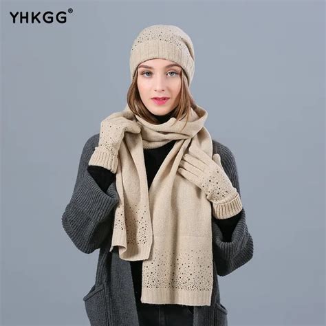Women Winter Hat Scarf Set Fashion Cashmere High Quality Classic Knitted Three Sets Warm Wool