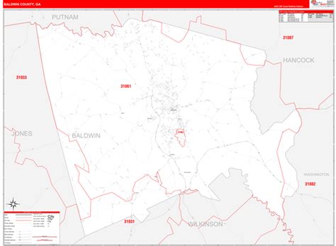 Baldwin County Ga Zip Code Wall Map Red Line Style By Marketmaps