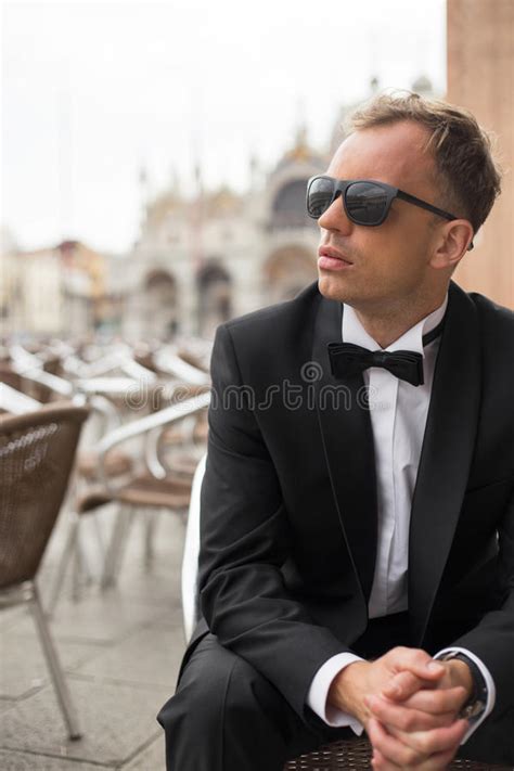 Vertical Photo Young Handsome Man Tuxedo Sitting Outdoor Cafe Stock