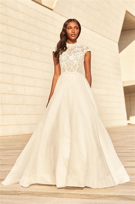Cap Sleeve High Neckline Ballgown Wedding Dress With Lace Bodice And