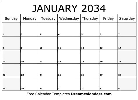 January 2034 Calendar Free Blank Printable With Holidays