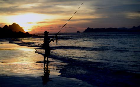 Fishing Person Silhouette Beach Ocean Sunset People Fishing Sea