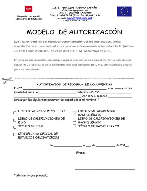 Descargar Este Archivo Modelo De AutorizaciÓn Recogida DocumentaciÓndoc