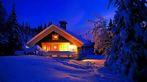 Casa De Invierno Casa Cabaña Bonito Árboles Luces Invierno Nieve