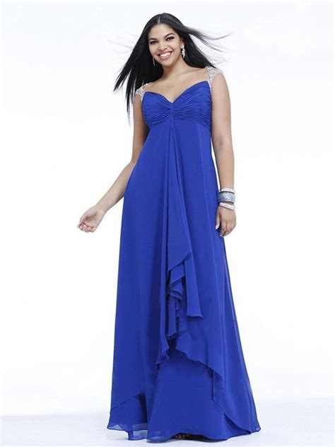 2016 royal blue beaded chiffon long formal plus size prom dresses full figure women ruched a