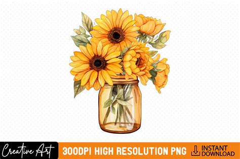 Watercolor Sunflower Mason Jar Clipart Graphic By Creative Art