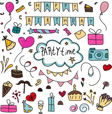 Vector Set Of Elements Birthday And Party Colored Doodles Stock Vector