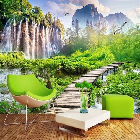 A Living Room Scene With A Waterfall Wall Mural