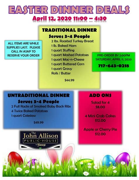 Get easter dinner recipes for everything from deviled eggs to the lamb roast that takes all day to make to the sweet finish. Easter Dinner - April 12 - The John Allison Public House