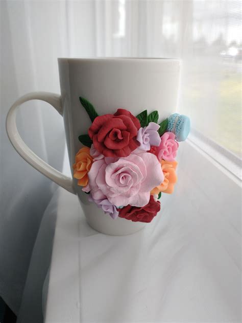 Mug coffee tea Polymer Clay decor . Handmade flowers. | Etsy