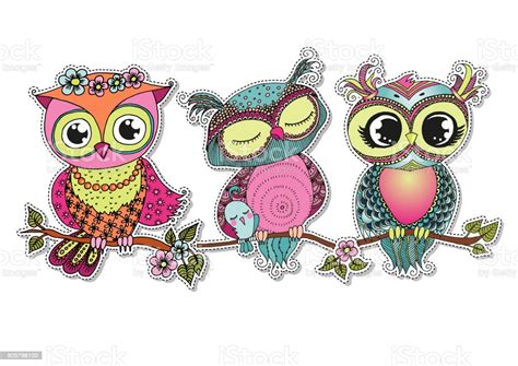 Three Cute Colorful Cartoon Owls Sitting On Tree Branch Stock