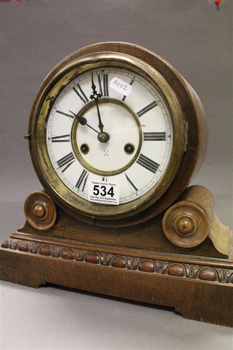 Early 20th Century German Hac Oak Cased Mantle Clock With Circular Dial