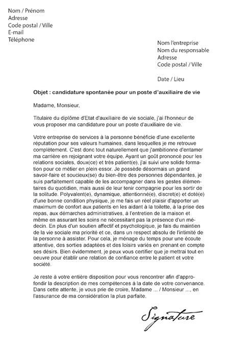 Lettre de motivation pour le poste d'auxiliaire de vie. exemple lettre de motivation auxiliaire de vie