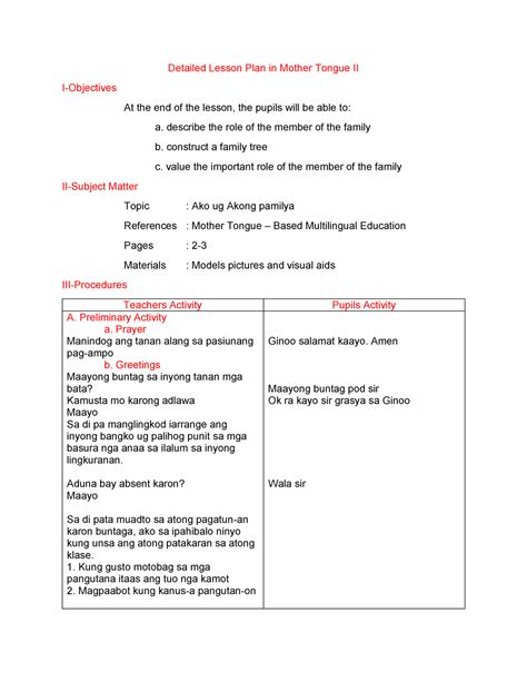 Mtb Mle Lesson Plan Detailed Lesson Plan In Mother Tongue Ii I Hot