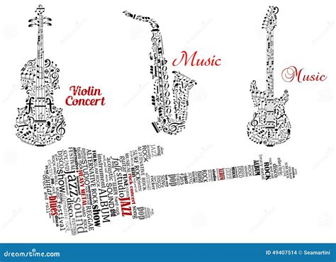Word Clouds And Notes In Shape Of Guitars Violin Stock Vector Image