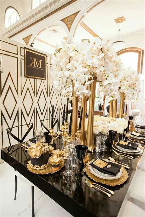 The glamour, the style, the decor… this time around we bring you dining rooms that will take you right back at the great gatsby in style. Black Gold White Dining Room | Gold wedding decorations ...