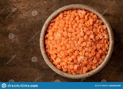 Uncooked Red Lentils In A Bowl Stock Photo Image Of Copy Wooden