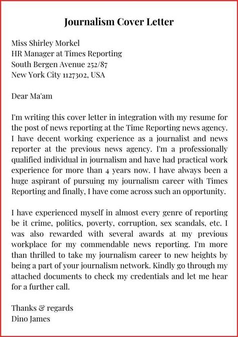 Journalism Cover Letter Template Sample With Example