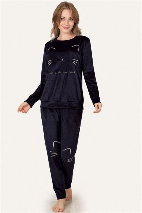 Lacivert Kedili Kadife Pijama Takımı Nbb 67201